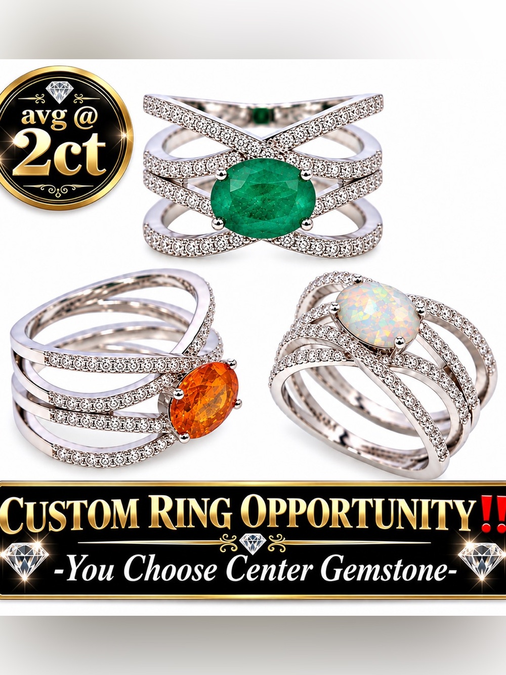 Pave Infinity Crossover Ring. 14k Gold on Silver Sapphire Ruby Custom Options